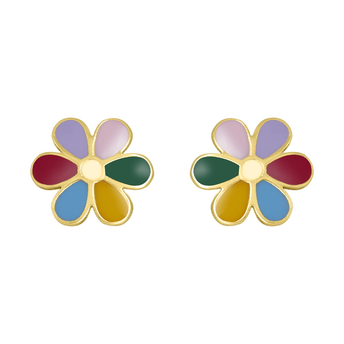14K Yellow Gold Flower Rainbow Enamel Children's Earrings