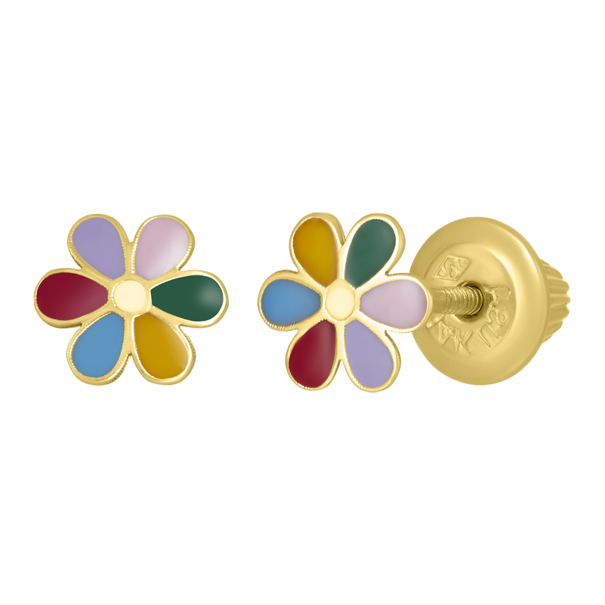 14K Yellow Gold Flower Rainbow Enamel Children's Earrings