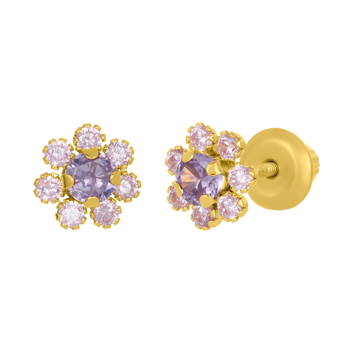 14K Yellow Gold Pink and Purple CZ Flower Children's Earrings