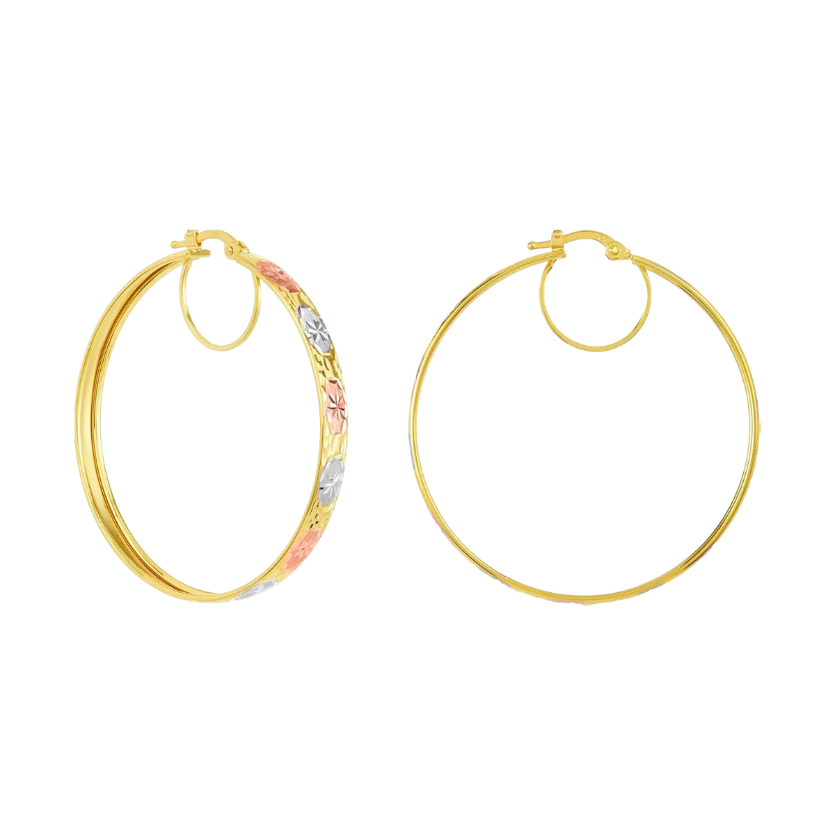 14K Gold Tri-Color 42mm Diamond Cut Star Pattern Hoop Earrings