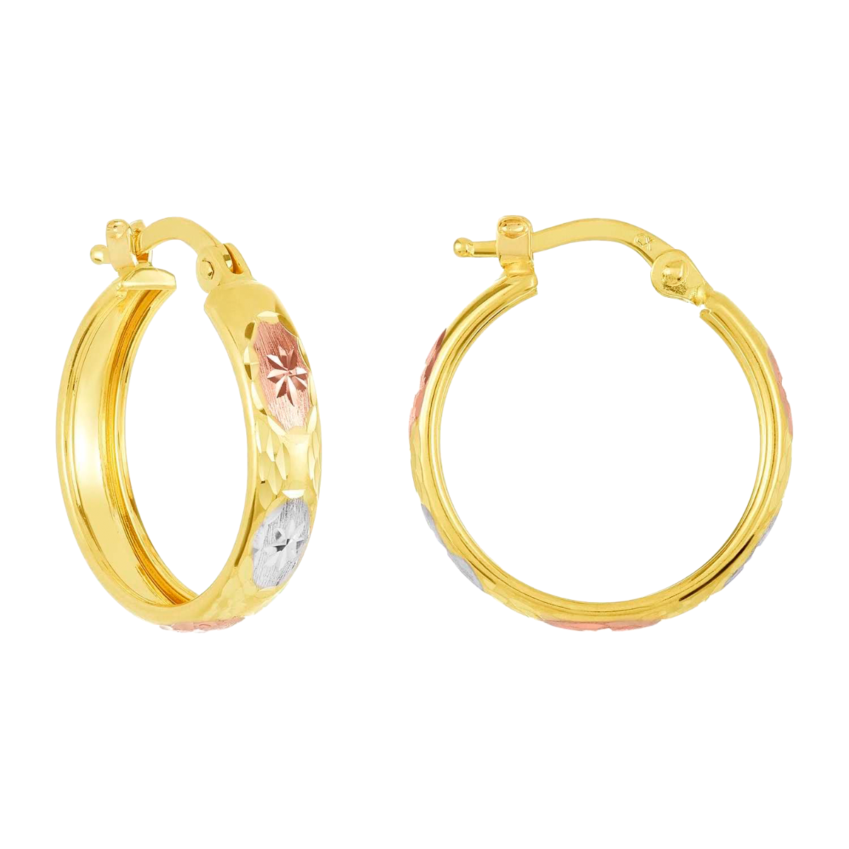 14K Gold Tri-Color 17mm Diamond Cut Star Pattern Hoop Earrings