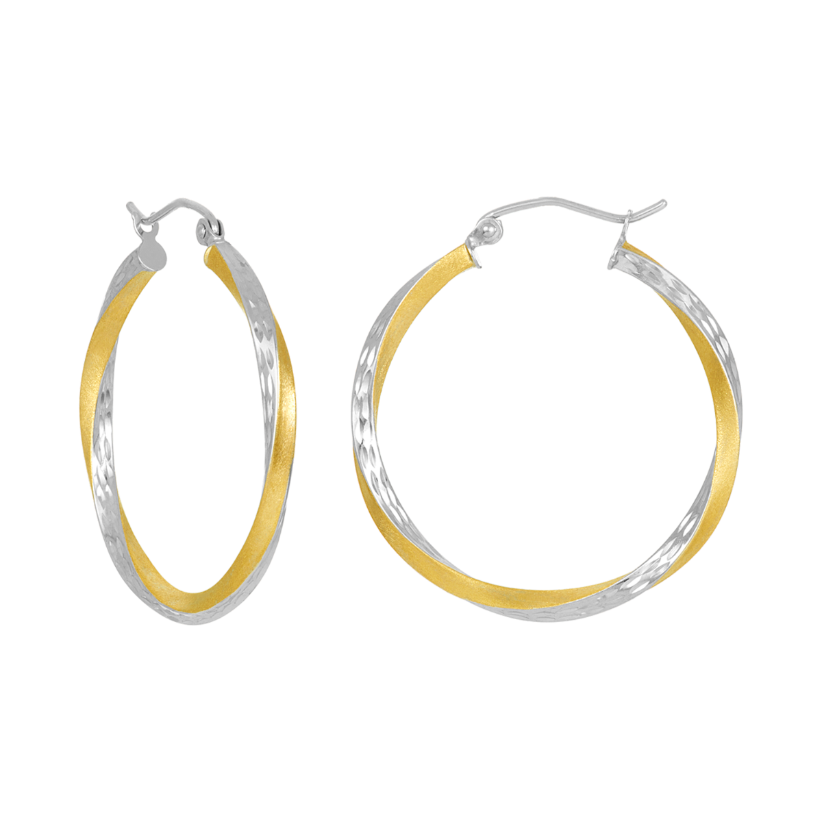 14K Two Tone Gold Twist Satin Diamond Cut Hoop Earrings