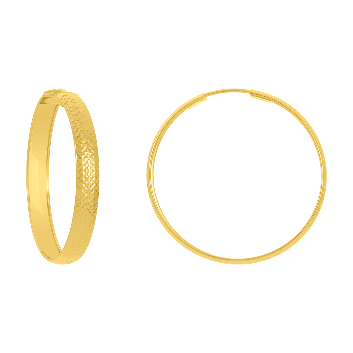 14K Yellow Gold Shiny Diamond Cut Design Hoop Earrings