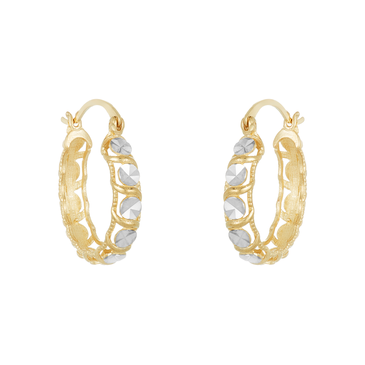 14K Two Tone Gold Diamond Cut Disc Hoop Earrings