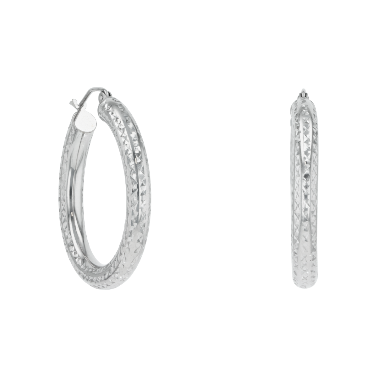 14K White Gold 30mm Tube Diamond Cut Hoops