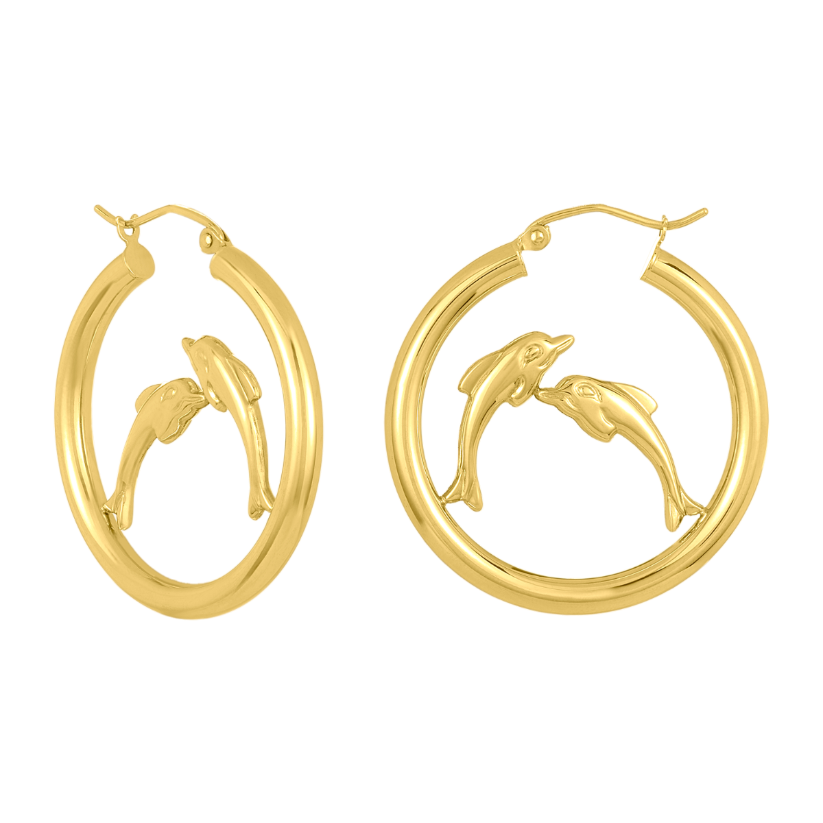 14K Yellow Gold Dolphin Tube Hoop Earrings