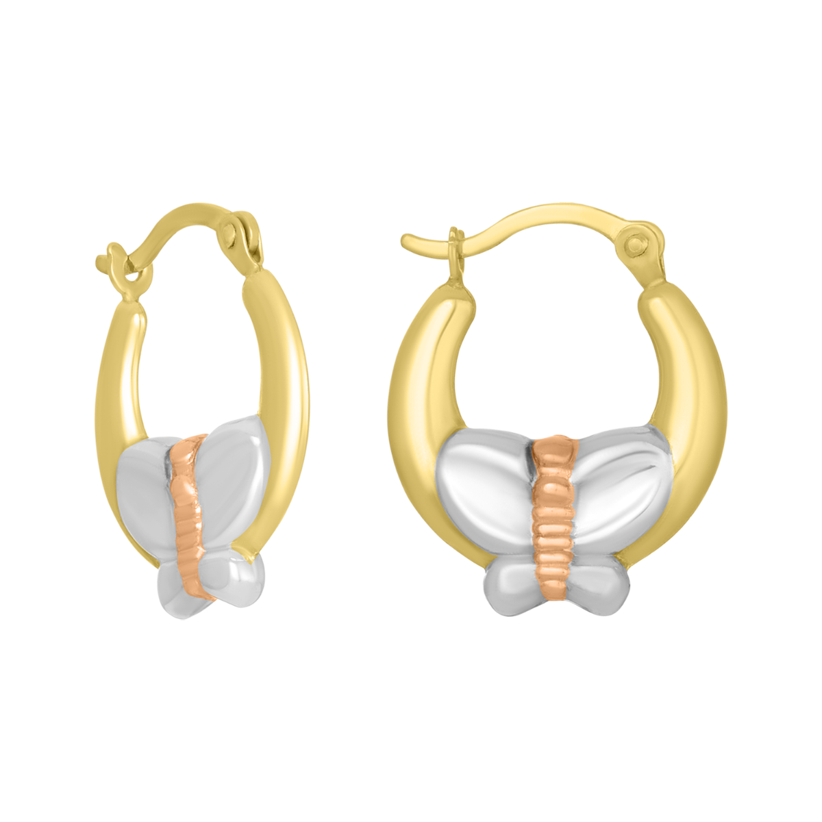 14K Tri Color Gold Butterfly Hoop Earrings