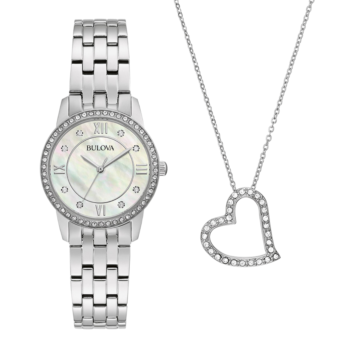 Bulova Crystal Women's Watch and Heart Necklace Box Set - 96X155