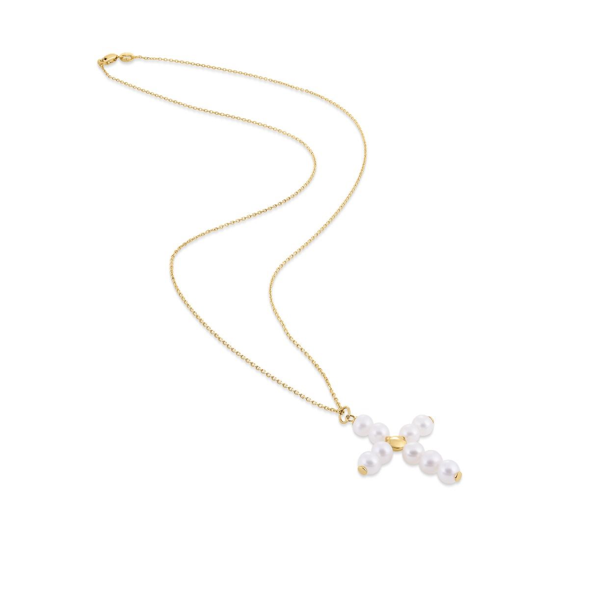 14K Yellow Gold Pearl Cross Necklace