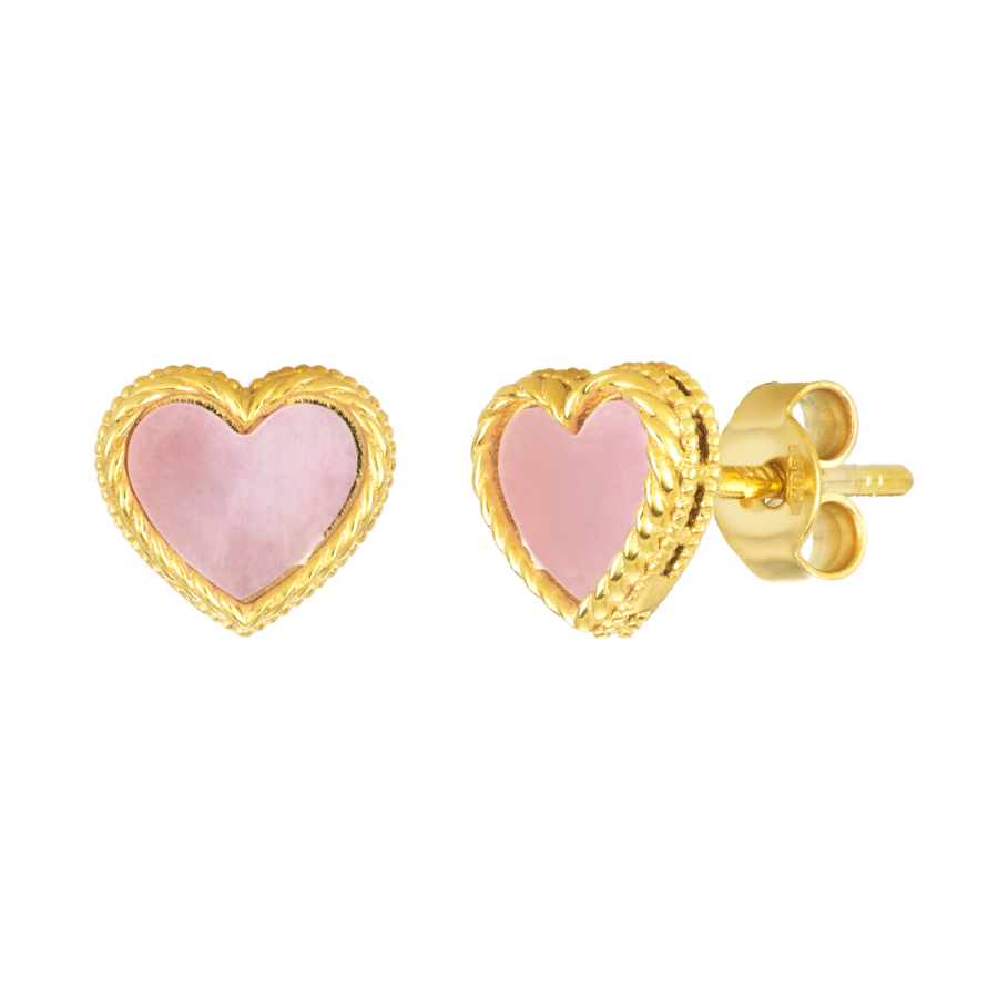 14K Yellow Gold Pink Pearl Heart Stud Earrings